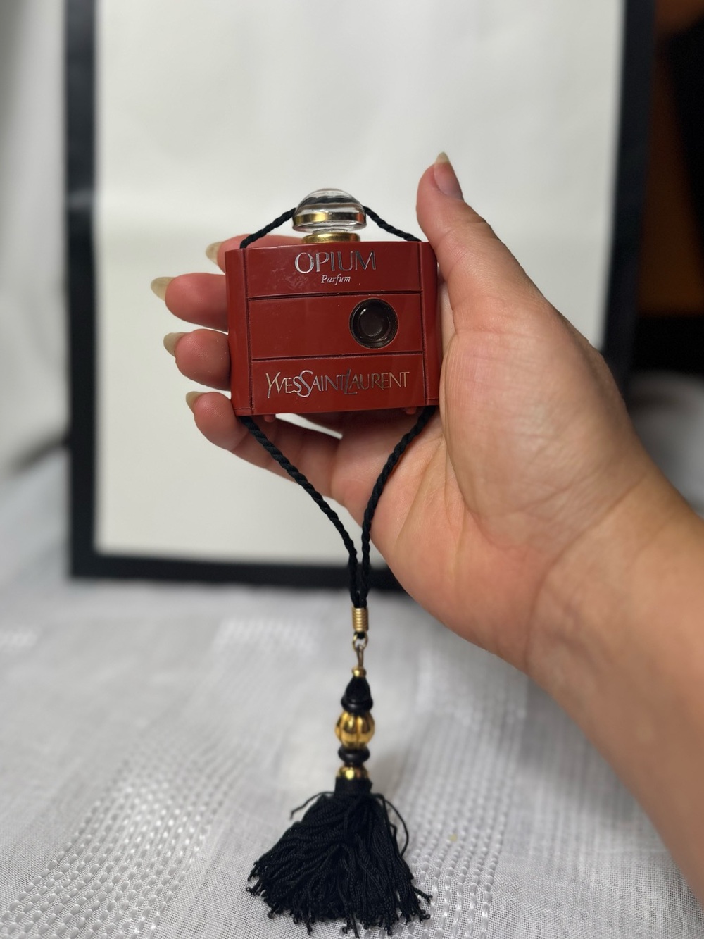 Vintage 80s Collector Yves Saint Laurent Red Black Opium Bottle Pendant Tassel